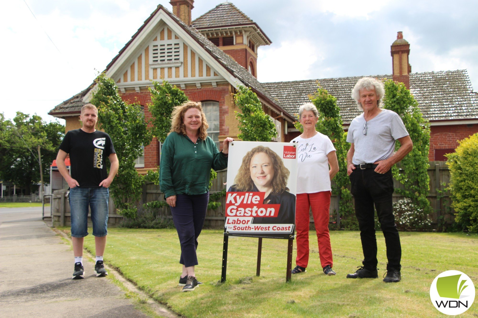 Labor candidate for South West Coast Kylie Gaston (second from left) hit the streets of Terang in her bid to win over voters. Adam Hill (left), Les Cameron (right) and Margaret Moloney are among the voters she’s met.