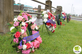 Wreaths laid at the memorial in Mortlake. 