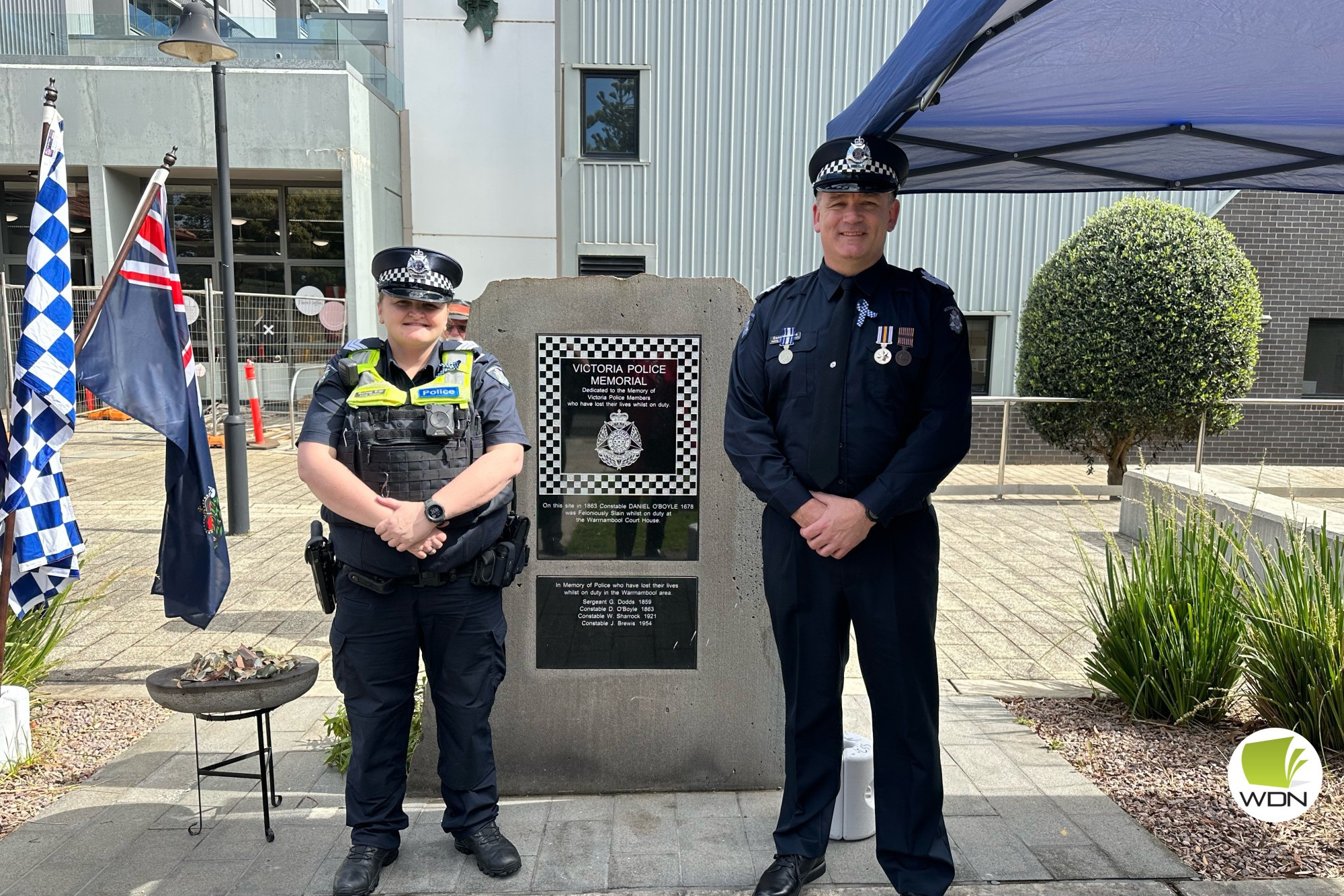 Thank you for your service: Terang Police acting sergeant Melissa Gray and senior sergeant Danny Brown at the service for National Police Remembrance Day last Thursday.