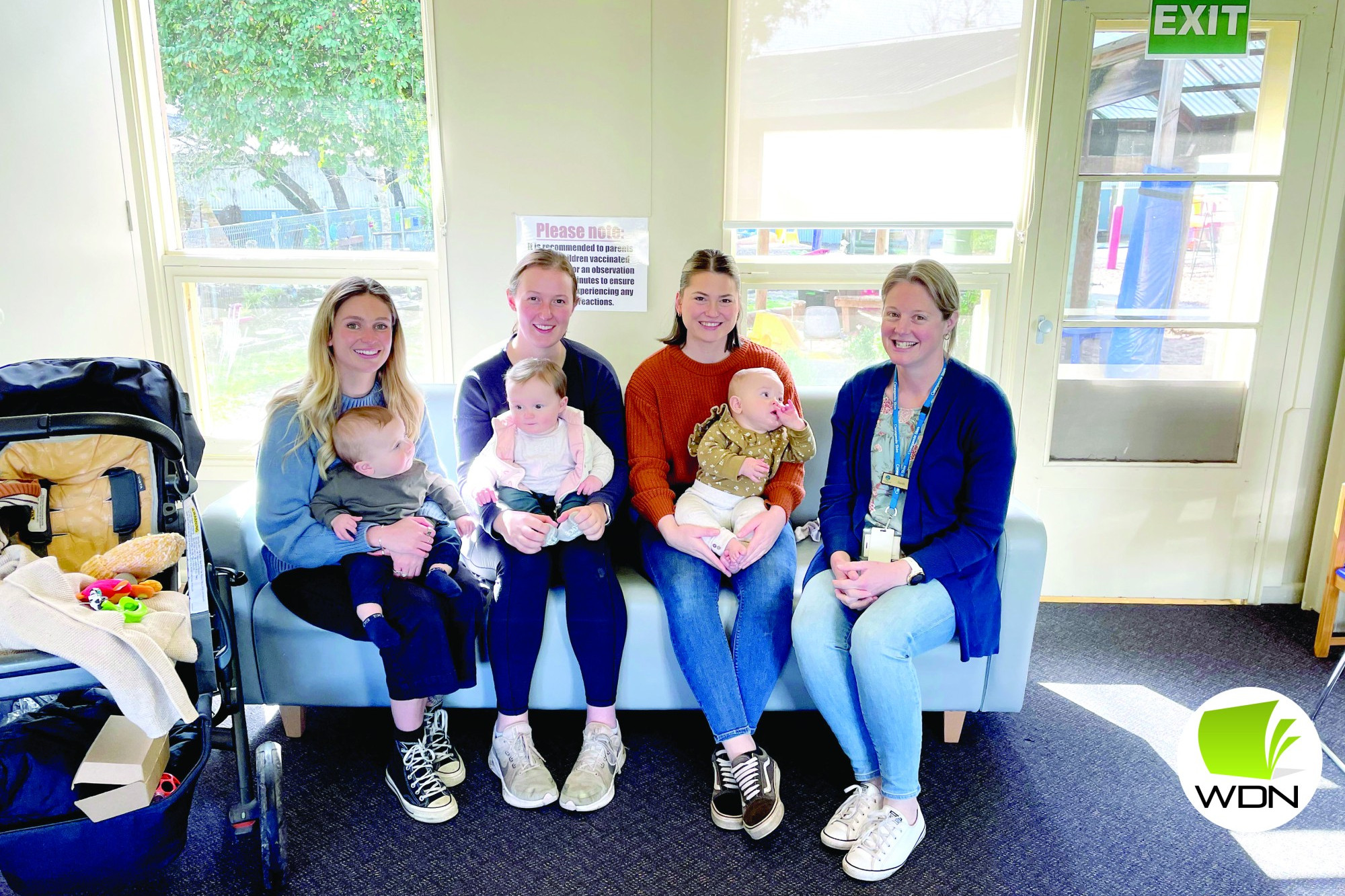 Support is available: Matilda and baby Finn (from left), Georgie and baby Adelaide and Amie and baby Kyah with Maternal and Child Health nurse Sarah Robertson.