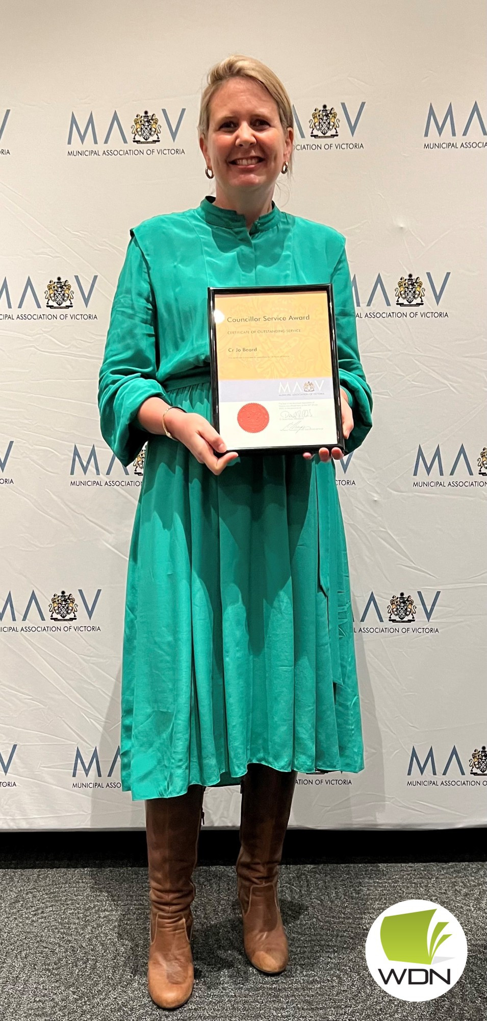 Long service recognised: Corangamite Shire councillor Jo Beard was presented with a service award from the MAV last week for her years on the council.