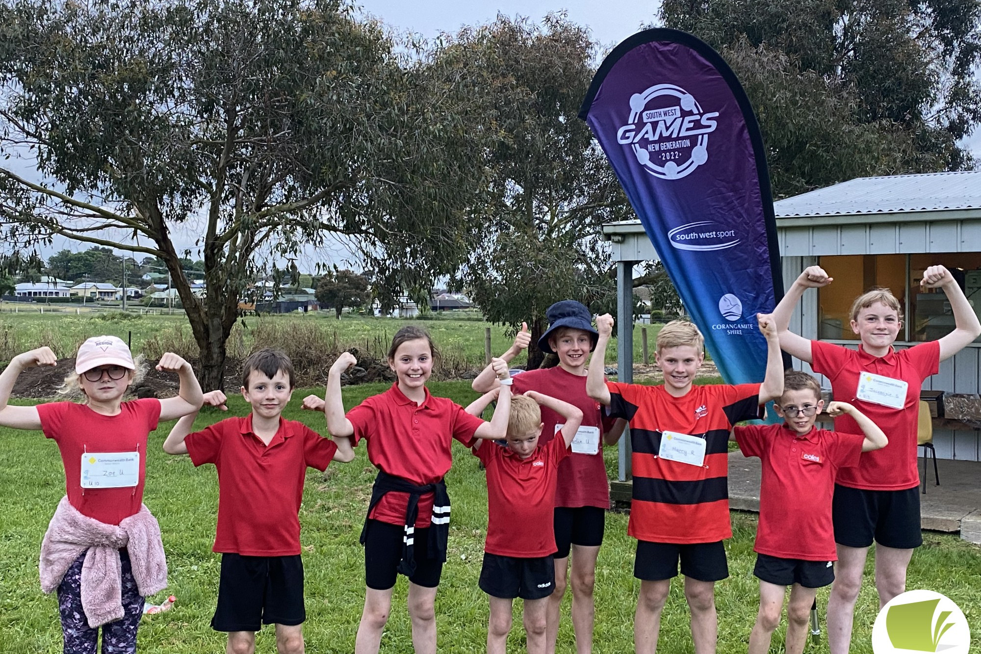 Muscle Power: (l-r) Zoe Unwin, Gus Murphy, Pippa Murphy, Blair O’Leary, Charlie Unwin, Harry Roberts, Blake O’Leary and Jackenzie Sharp flex after a fun afternoon of competition.