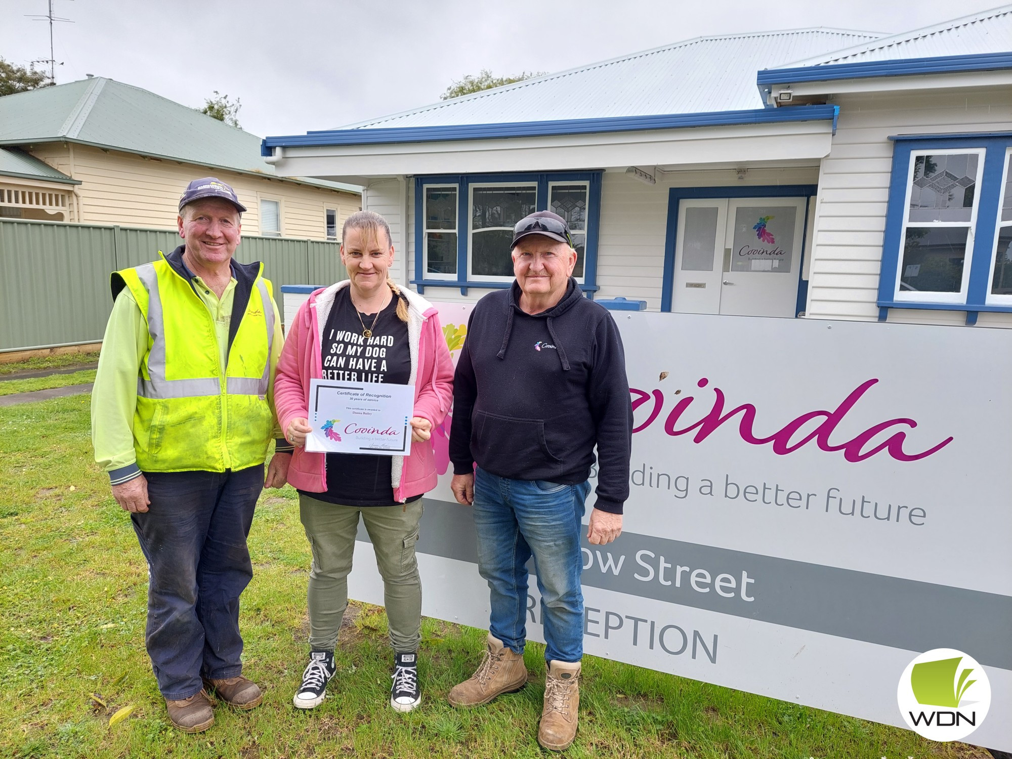 Congratulations: Damian Lenehan, Donna Bailey and Daryl Wallace notched up 30 years of service to Cooinda as the organisation moves from strength to strength.