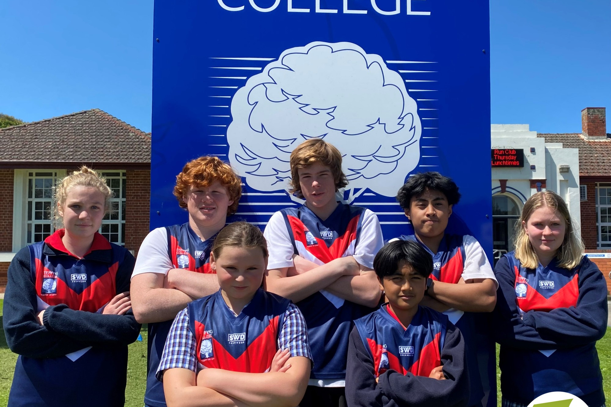 Proudly wearing their new jumpers are Terang College students, back row from left: Airlie Beasley, Ned Roberts, Tyler Vickers, Prince Catanyag and Emily Fuge. Front: Chloe Clifford and Cedrick Madeja.