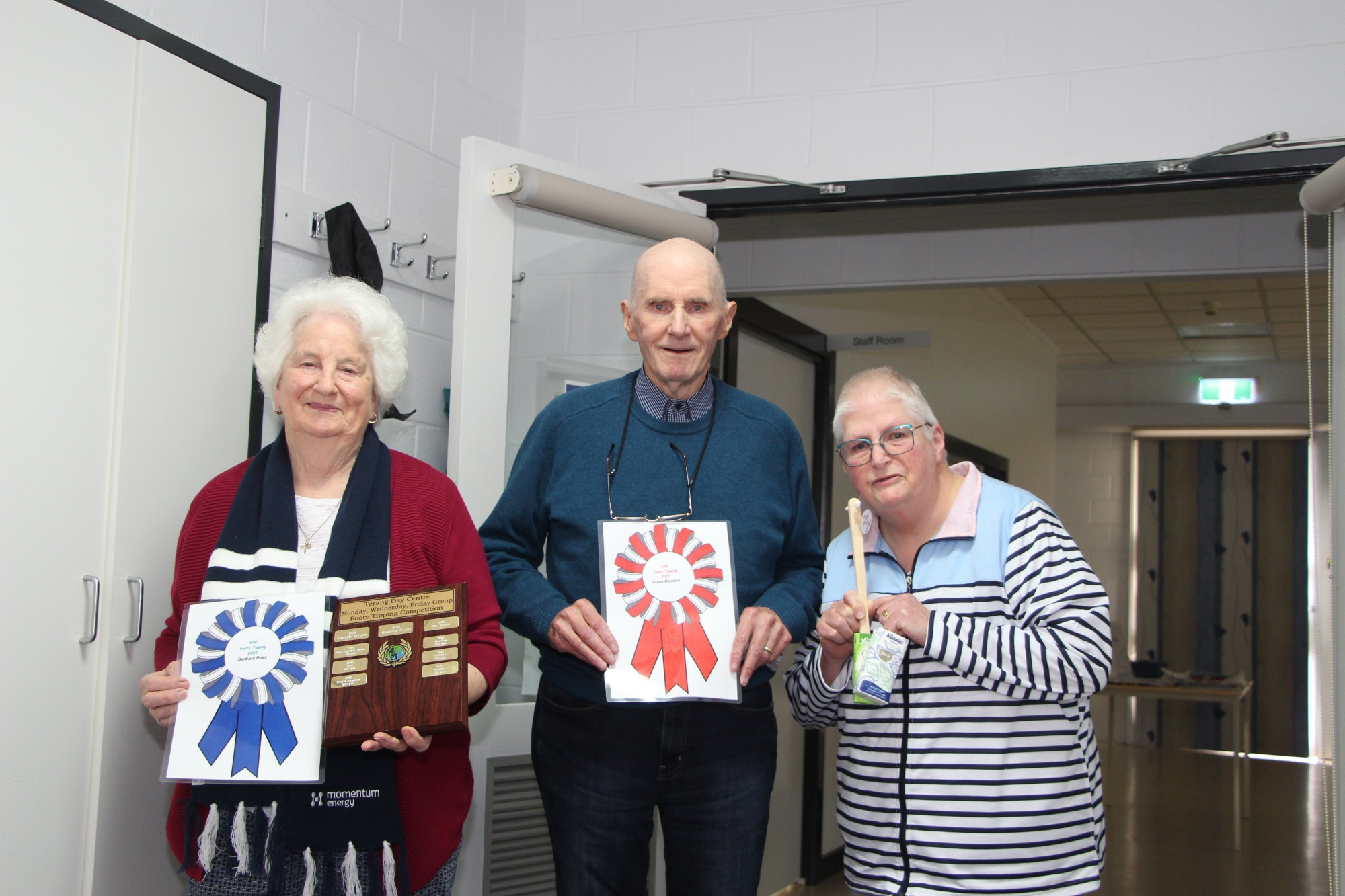 Tipsters: Barbra Rees (winner, left) and Frank Riordan (Runner up) were recognised for their tipping prowess. Margaret Linford wasn’t so lucky – winning the wooden spoon, along with some chocolates and tissues.