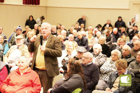 Des McKinnon, pictured speaking at last month’s community meeting on the future of aged care in Terang.
