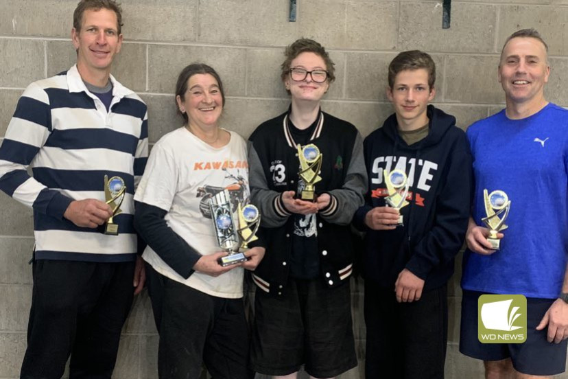 Mortlake volleyball premiers (from left) Adam Lehmann, Megan Stevens, Sage Jones, Carl Lehmann and John Tanner.