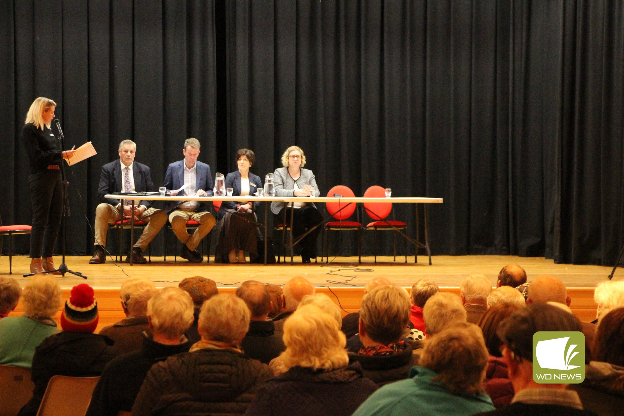 The community meeting was moderated by Corangamite Shire councillor Jo Beard (from left) and included a panel of speaks consisting of Terang Progress Association president Ken McSween, Wannon MP Dan Tehan, Corangamite Shire deputy mayor Geraldine Conheady and Terang and Mortlake Health Service chief executive officer Julia Ogdin.