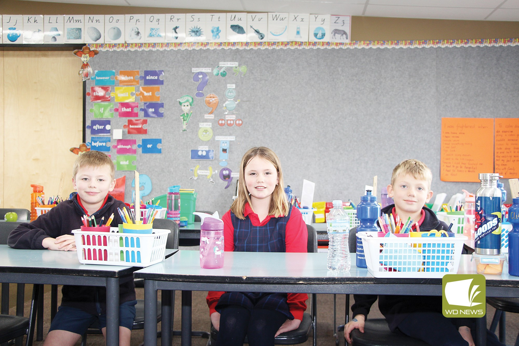 Back to school: Terang College junior students Fletcher Church, Aenid Wood and Billy Crawley are amoung the students enjoying their transition to the new unified Terang College campus.