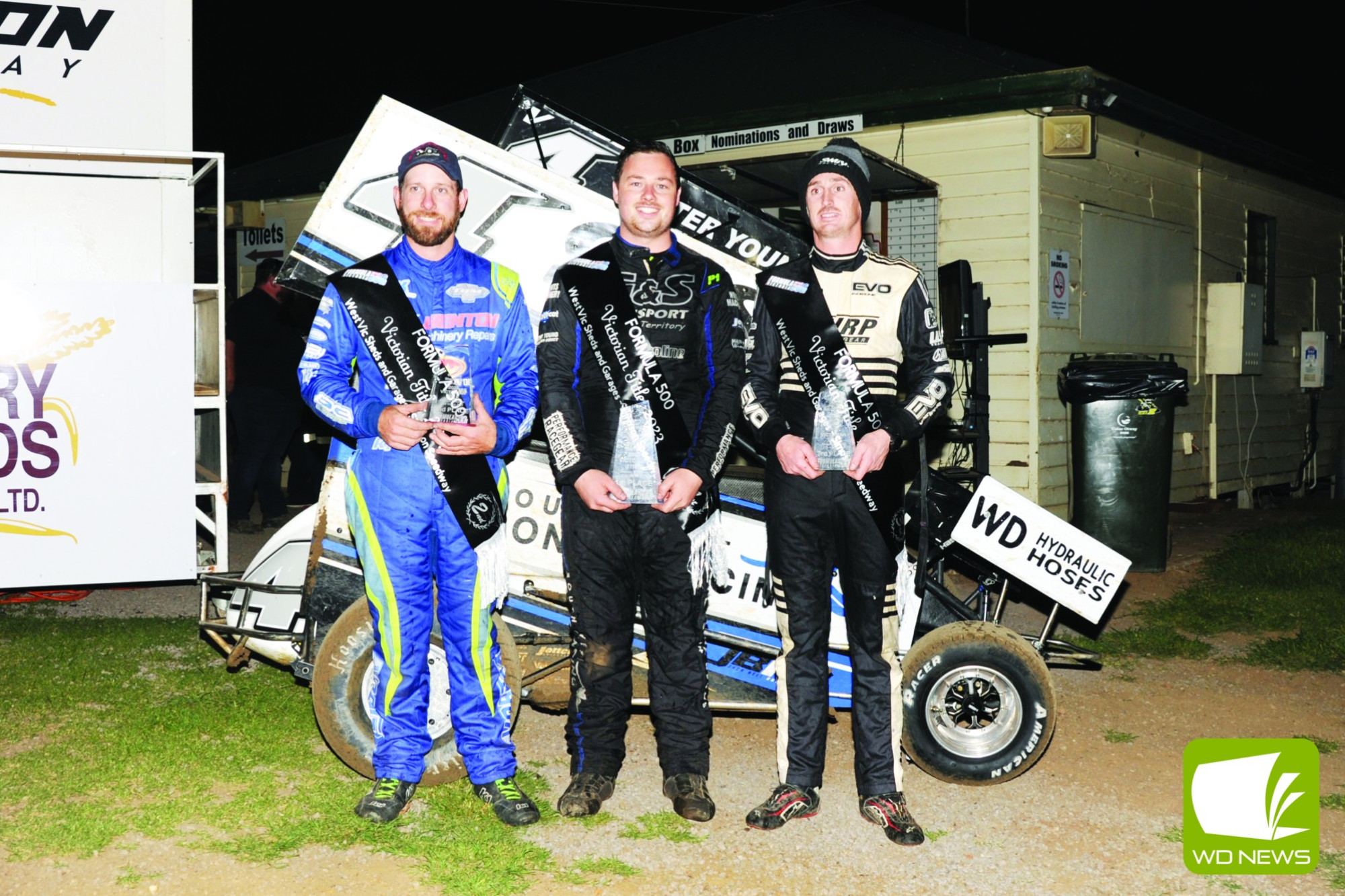 The top three in the Victorian Formula 500 Championship held at Simpson Speedway. l-r Tim Rankin, Jack Bell, Dylan Willsher. Picture taken by Donna's Photos