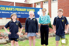 St Colman’s Primary School captains Spencer O’Brien, Billie Carmody and Noah McKenzie, pictured with principal Janet Cain. 