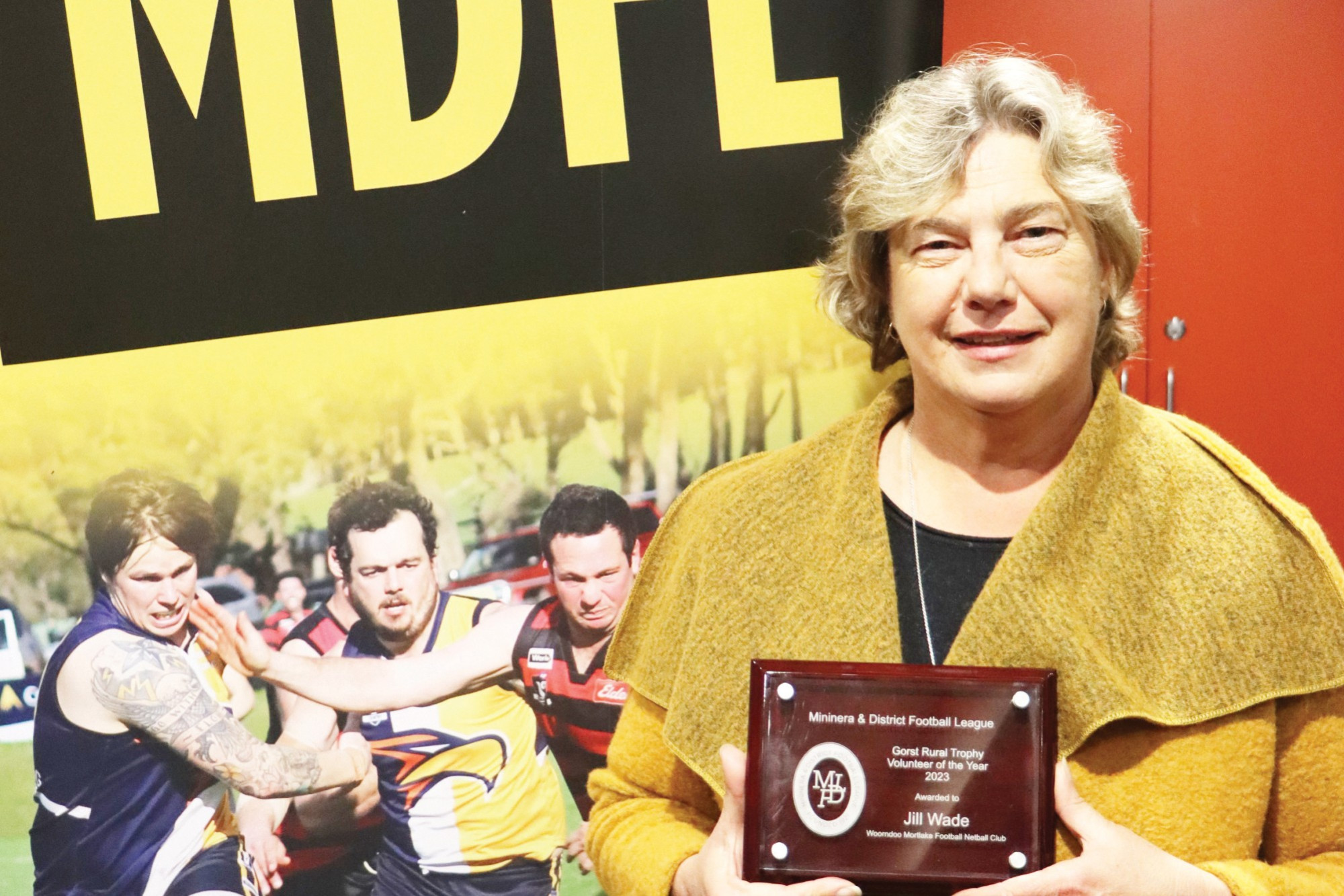 Jill Wade with her award for Mininera & District Football Leagues Volunteer of the Year. \ Photo courtesy Tracey Kruger