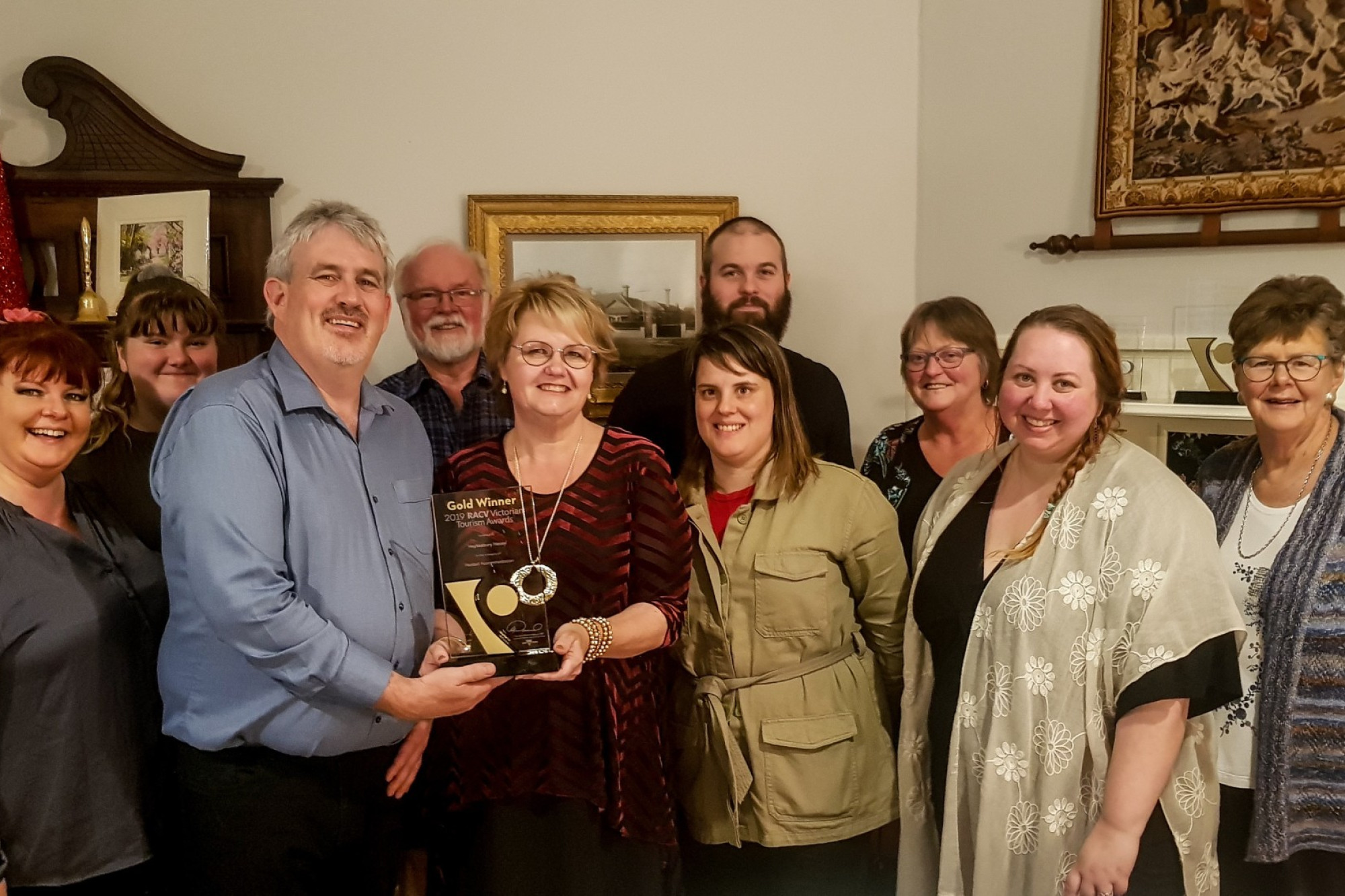 Success: Heytesbury House owners Kathryn and Andrew Stubbings celebrate their back-to-back wins in the Victorian Tourism Awards with fellow members of the Cobden business community.