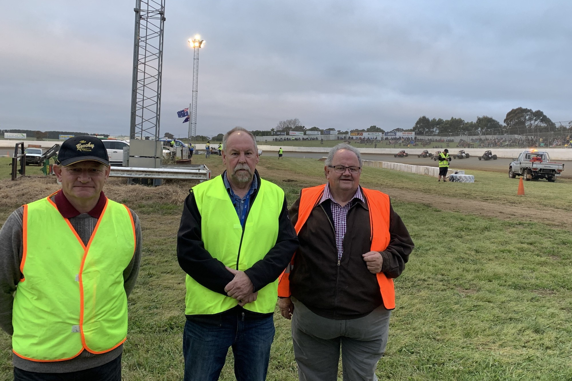 Success: Colac Otway Shire councillors Chris Smith and Chris Potter and Corangamite Shire mayor Neil Trotter celebrate the completion of the Simpson Car Club’s new lighting project.