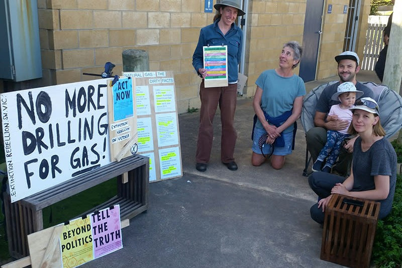 Climate change: Members of the newly formed Extinction Rebellion South West held protests outside of Beach Energy information sessions at Port Campbell and Peterborough.