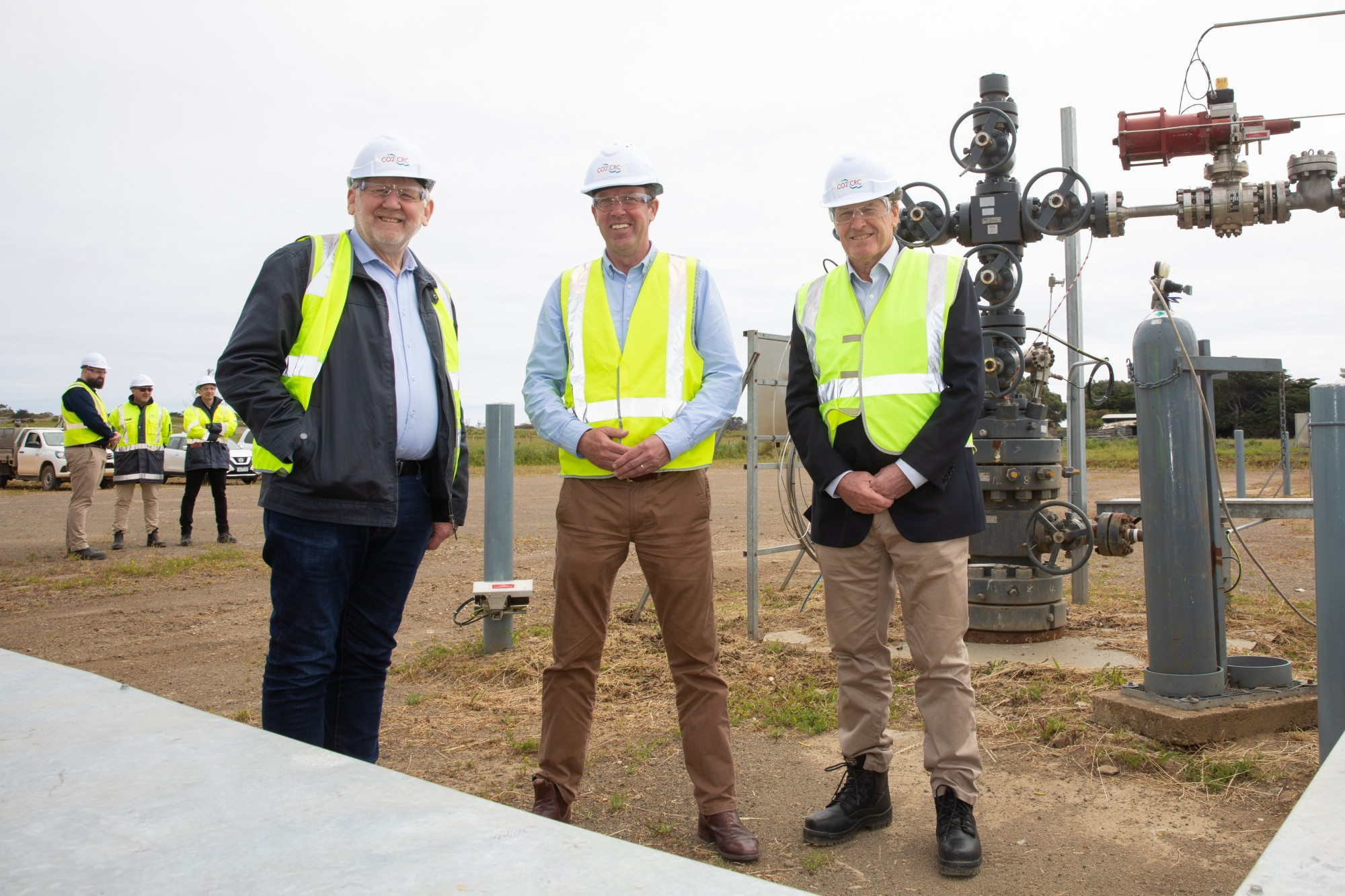 New beginning: Member for Wannon Dan Tehan standing in front of the injection well for our Stage 3 CO2 storage monitoring project with Martin Ferguson CO2CRC board chairman Martin Ferguson and CO2CRC CEO Davin Byers.