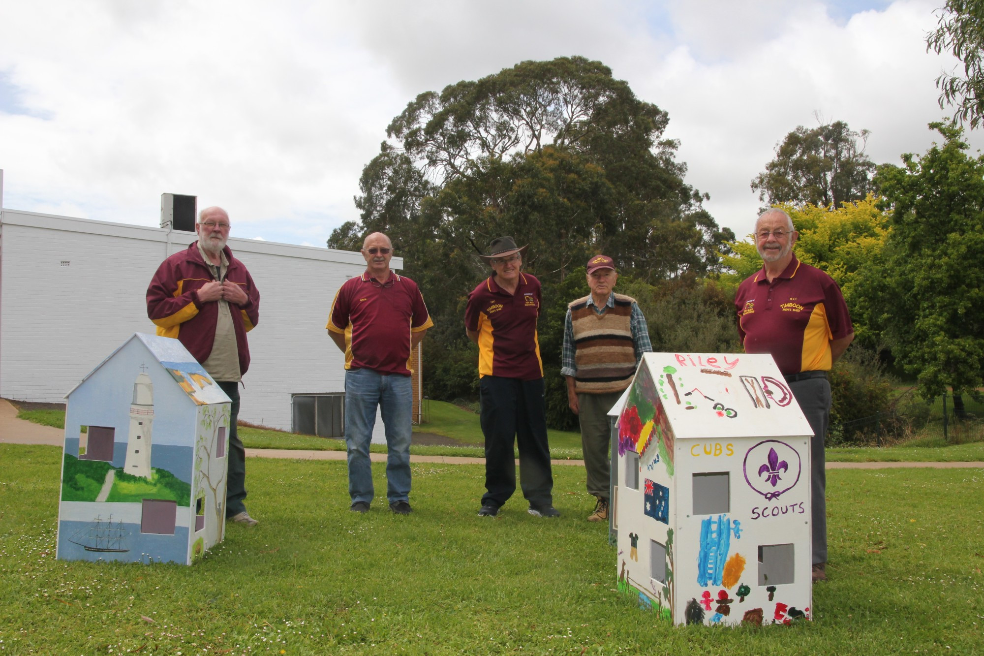 Important initiative: Members of the Timboon Men’s Shed helped build tiny houses as part of an awareness campaign about elder abuse.