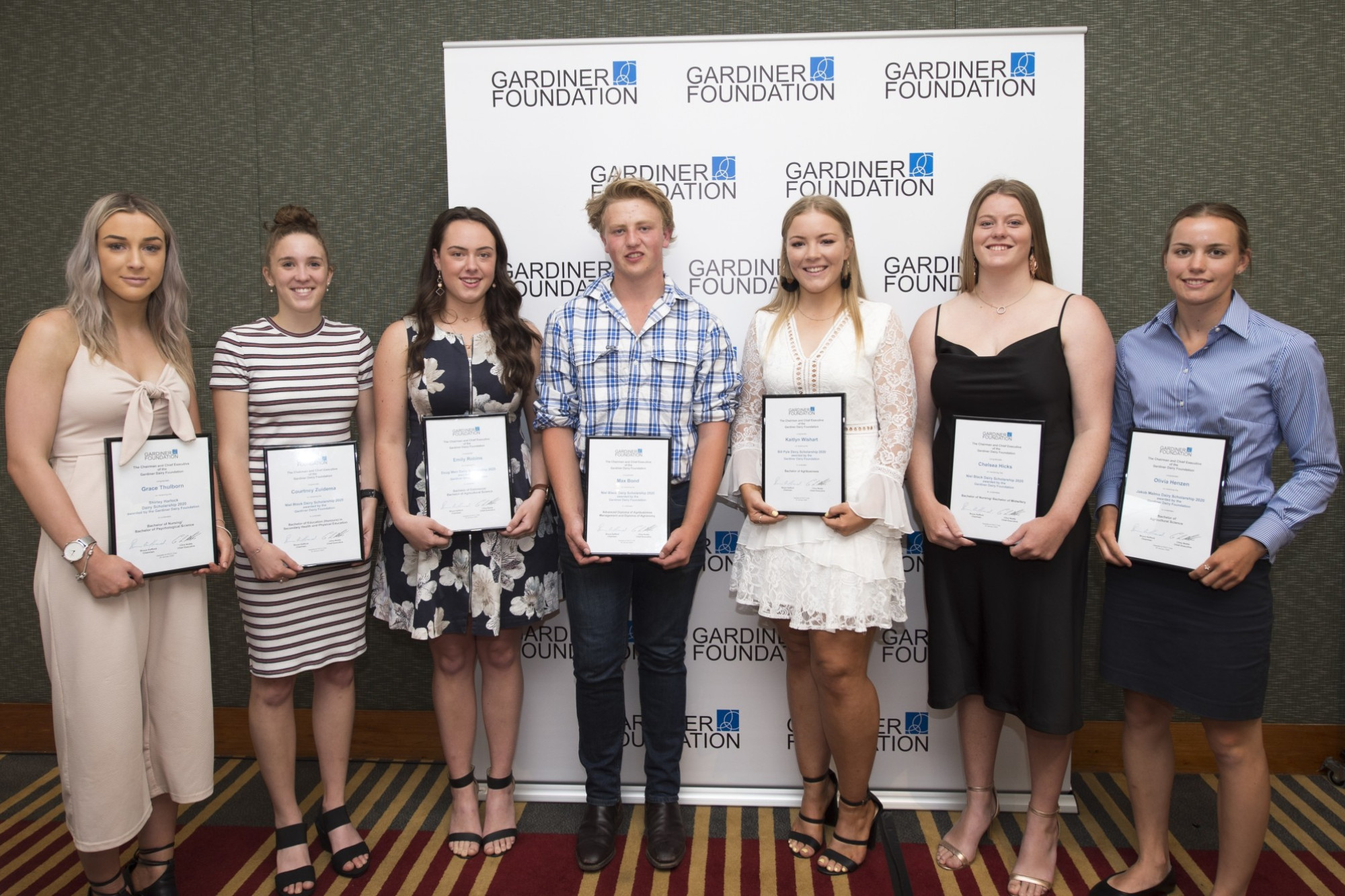 Congratulations: Timboon’s Max Bond (centre) was one of seven rural students to receive a Gardiner Dairy Foundation tertiary scholarship.