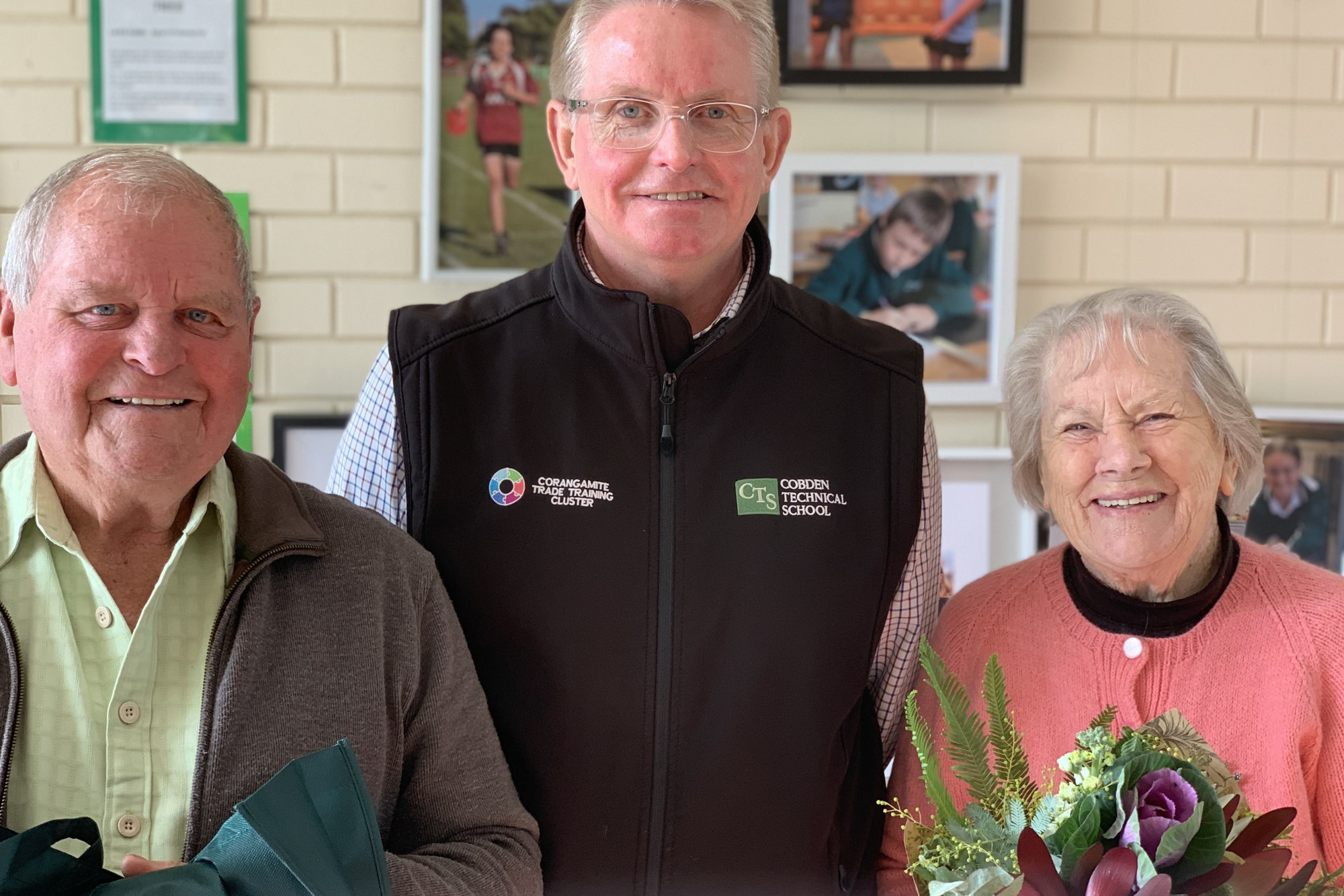 Gardener retires: Bob Mounsey, pictured with Cobden Technical School principal Rohan Keert and wife Gwen, attended a special retirement celebration.