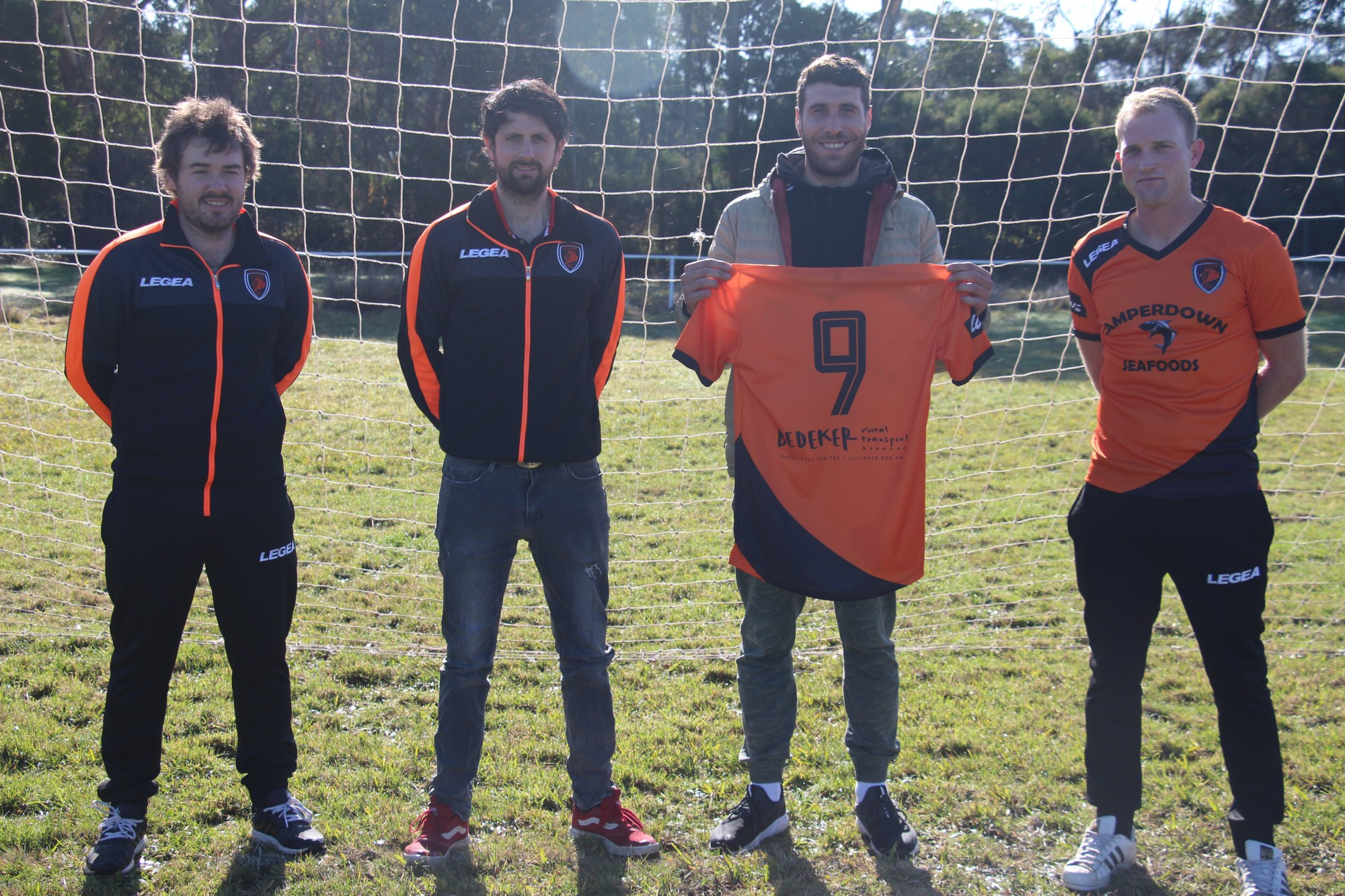 Corangamite Lions president Jamie Norton (left) and vice president Matt Lyne (far right) announced the appointment of Felipe Merola (second from left) as coach and the signing of Ramiro Alonso for the upcoming South West Victorian Football Association season on Sunday.