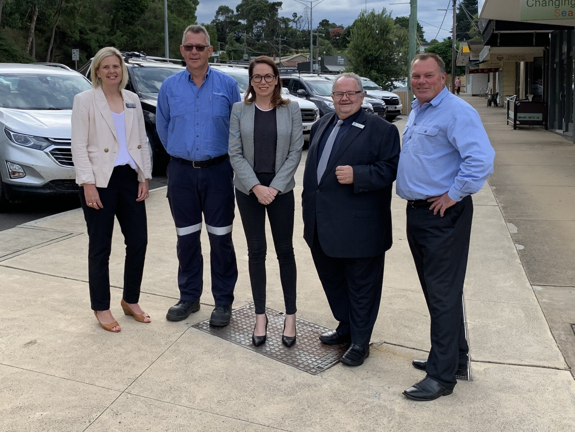 Smiles all round: Cr Jo Beard, Beach Energy Otway Production Manager Frank Groen, Minister for Regional Development Jaclyn Symes, Mayor Neil Trotter and Cr Simon Illingworth in Timboon.