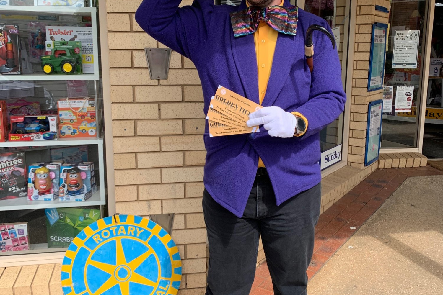 Wonka pays a visit: Cobden Rotarian Marcus Hooker (Wonka) will be delivering 20 golden tickets to Cobden households on Friday as part of a community goodwill initiative.
