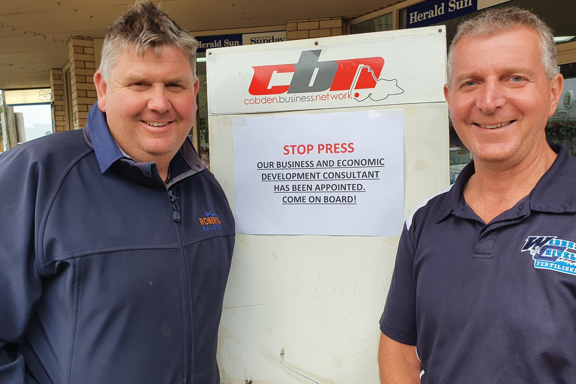 Innovation: CBN chair Mark Roberts (left) and Andrew Chivell (steering committee member) are excited for Cobden’s future, with an innovative new position being funded by the community for the community.