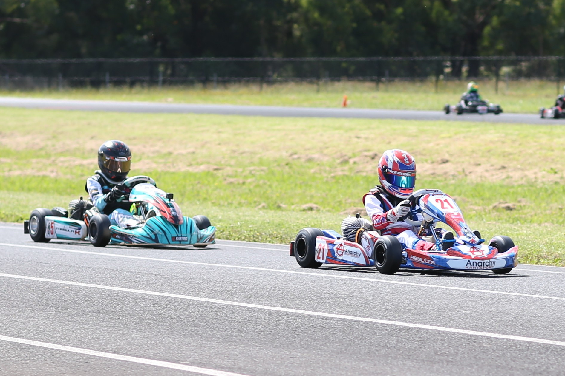 Cobden’s Rusty Ponting (right) held off Alexander Youannidis to win the Cadet 12 class on Sunday. Ponting was the sole South West Kart Club member to win an event.