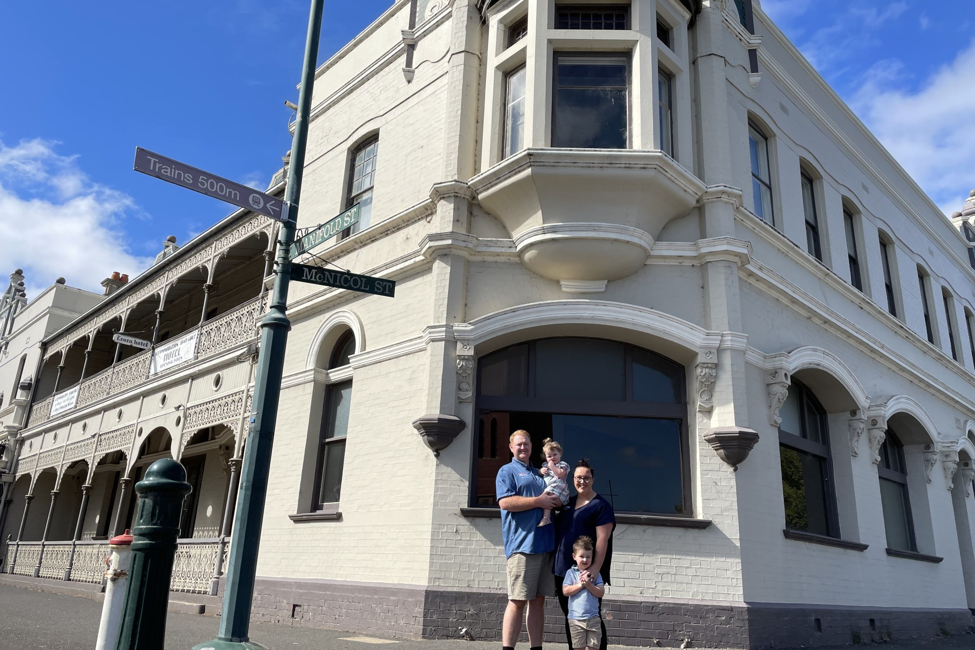 Smiles all round: Cobden’s Marlin and Caitlin Walsh with children Charlotte and Harvey are moving their successful Cobden eatery – Steakroad – to the premises of The Leura in Camperdown.