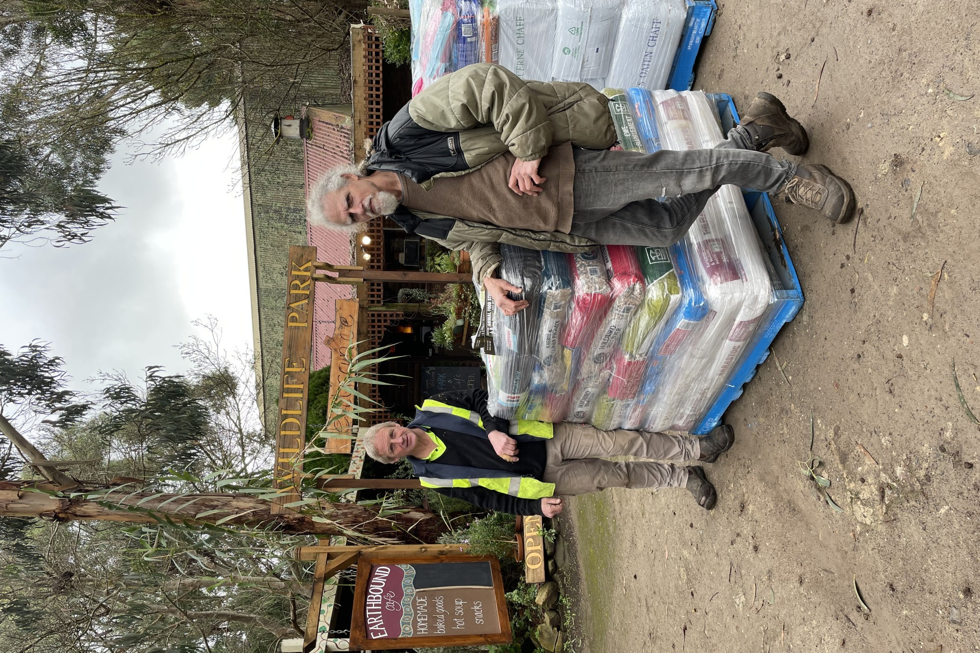 Donation appreciated: Ag Warehouse Simpson employee Russell Mahoney drops off more than $2000 in donated animal feed to Great Ocean Wildlife Park’s Yosef Lasarow.