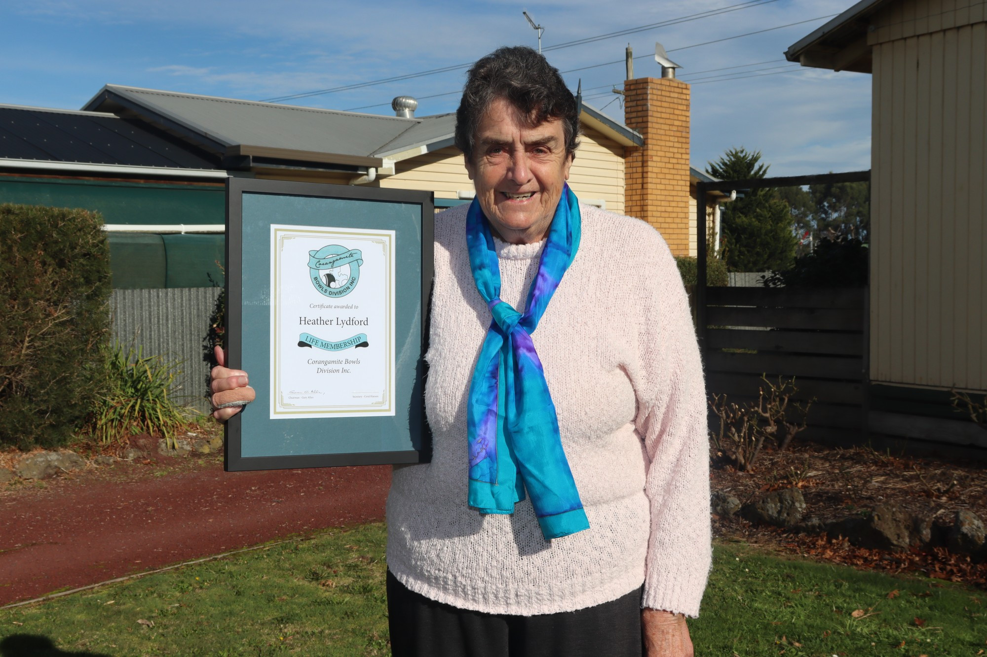 Honour: Cobden’s Heather Lydford received life membership of the Corangamite Bowls Division recently.