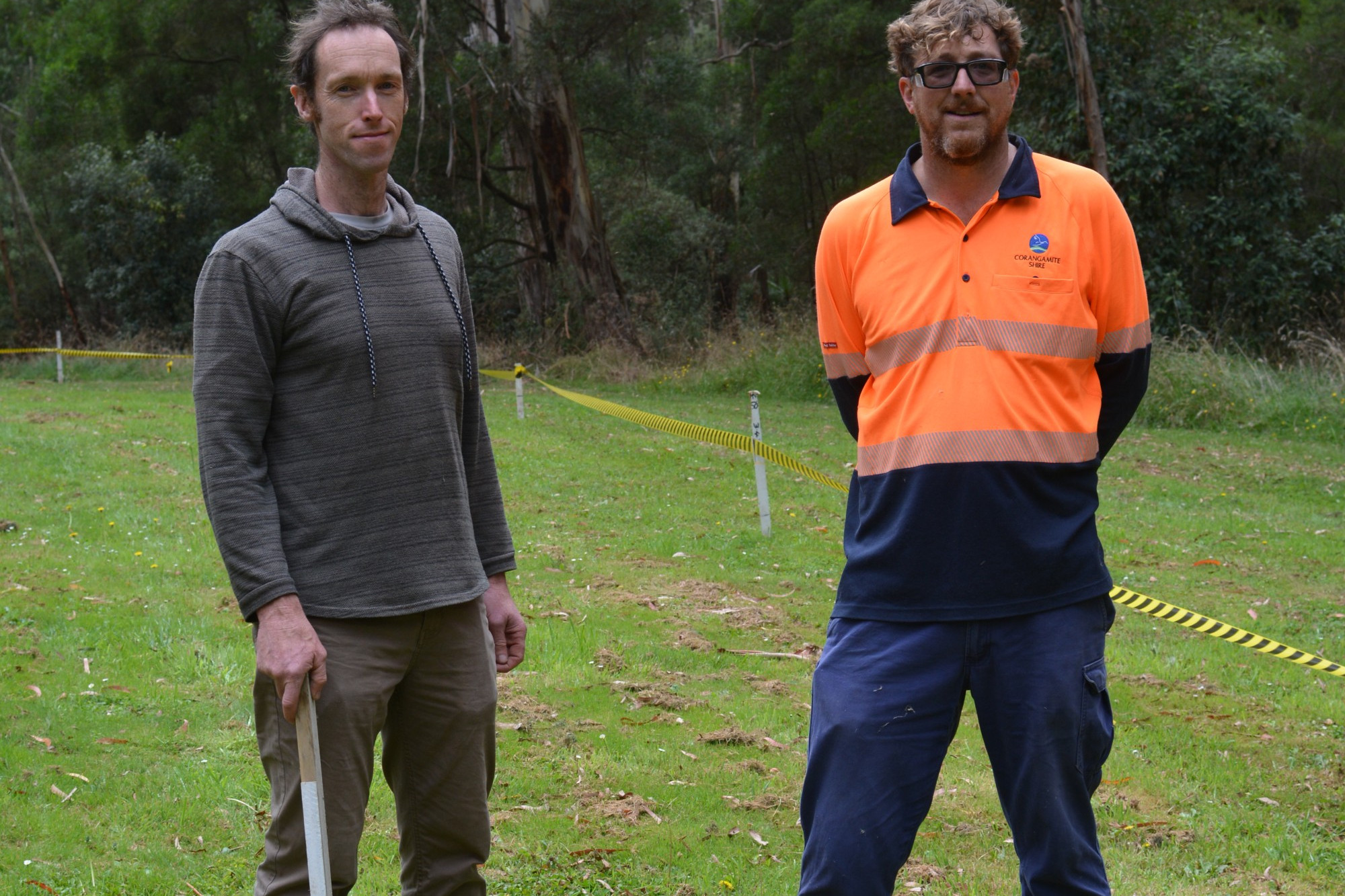 Local initiative: Local mountain biker Todd Baxter and Corangamite Shire Council community projects team member Richard White check out the space designated for Timboon’s new pump track.
