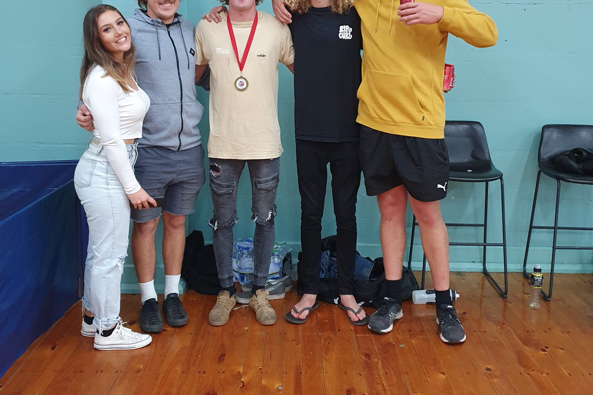 Victory: Cobden’s Will Benallack (middle) celebrates his maiden boxing victory with friends on Saturday night. The 21 year-old defeated Liam Sturges in an amatuer bout at Mount Gambier Showgrounds.