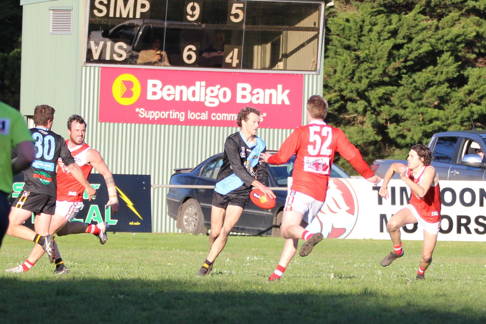 Solid: Brenton De Jong, pictured playing against Alvie in the 2019 season, kicked a goal and was among Simpson’s best players in its victory over Western Eagles on Saturday.