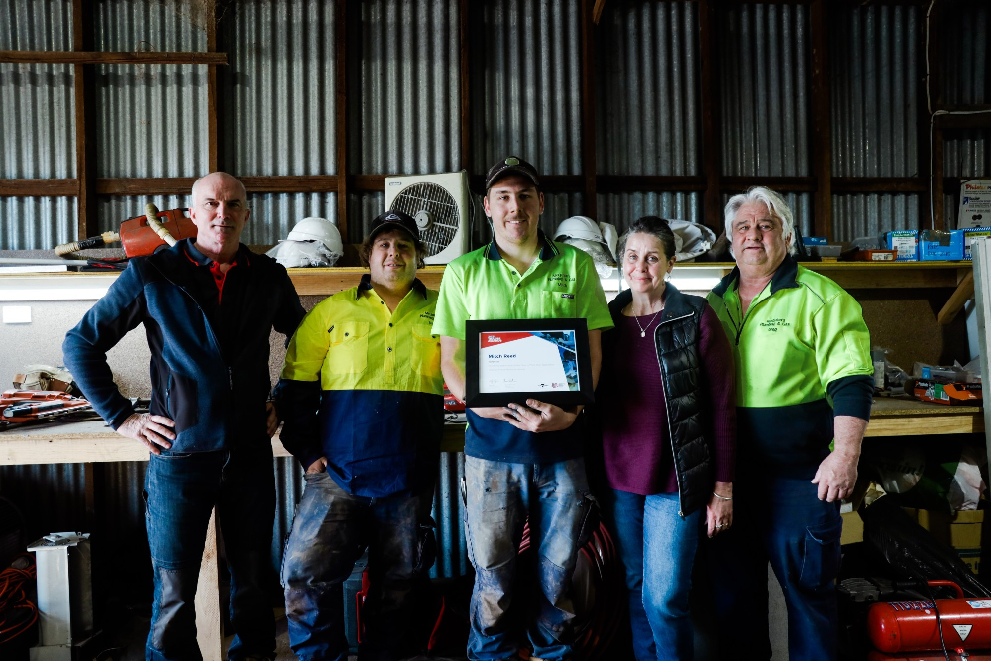 Congratulations: Plumbing Apprentice of the Year Mitch Reed with SWTAFE teacher James Langston and the team from McQuinn and Sons in Cobden.