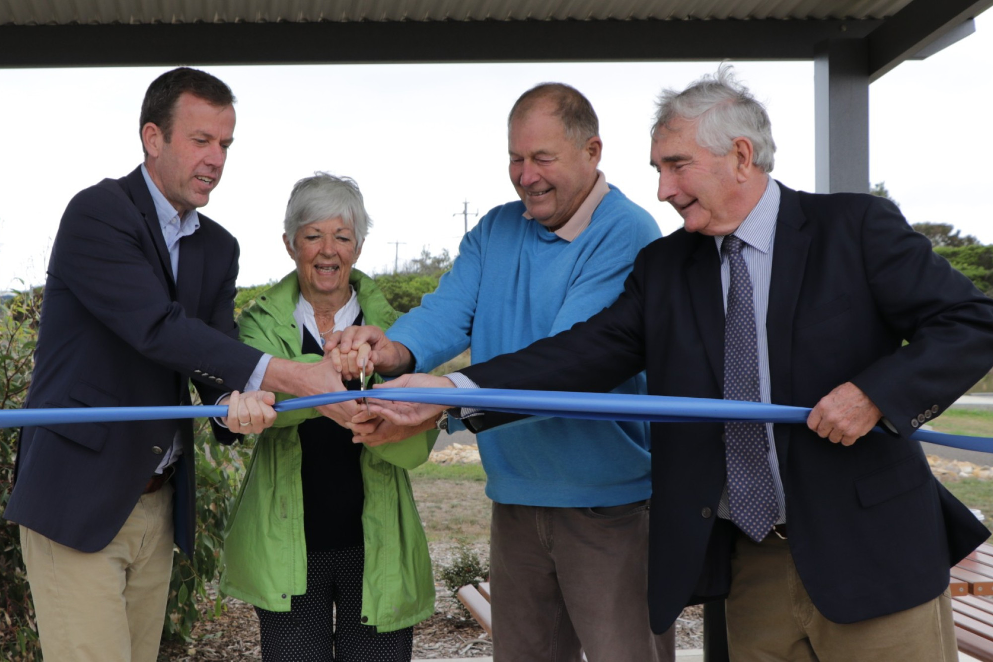 Funding: Dan Tehan, Jenny Porteous, Ron Irvine and Moyne Shire mayor Ian Smith at the official opening of Peterborough’s Irvine Reserve on Monday.