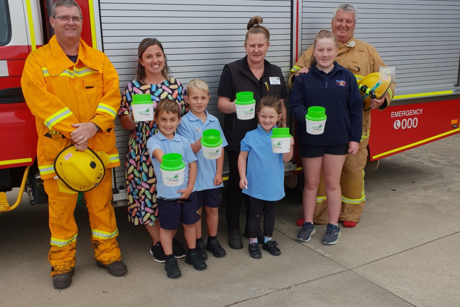 Good Friday Appeal: Timboon CFA volunteer Craig Saunders (L) and Daryl Spencer (R) pictured with Sarah Cook, Nelson Cook, Menzel Cook, Sheree Johnston, Billie Henriksen and Charlotte Taylor are encouraging the community to get involved with the Timboon Good Friday Appeal.