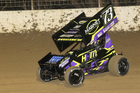 Charles Hunter races to victory at the head of a field of 34 sprintcars. Photo by Geoff Rounds 