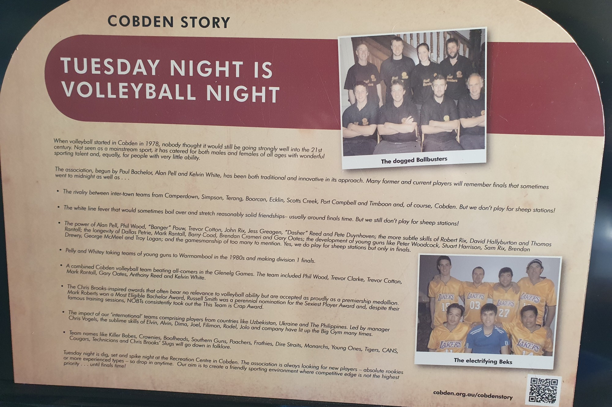 Cobden’s volleyball association will feature on one of the 40 storyboards to be placed along Cobden walking tracks over the next few weeks as part of the Cobden Storyboard Project.