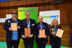 2022 Mixed Fours bronze medallists playing for Queensland: Jim Bullow (s), Rob McRabb, Bec Heard and Hermise Constable. 
