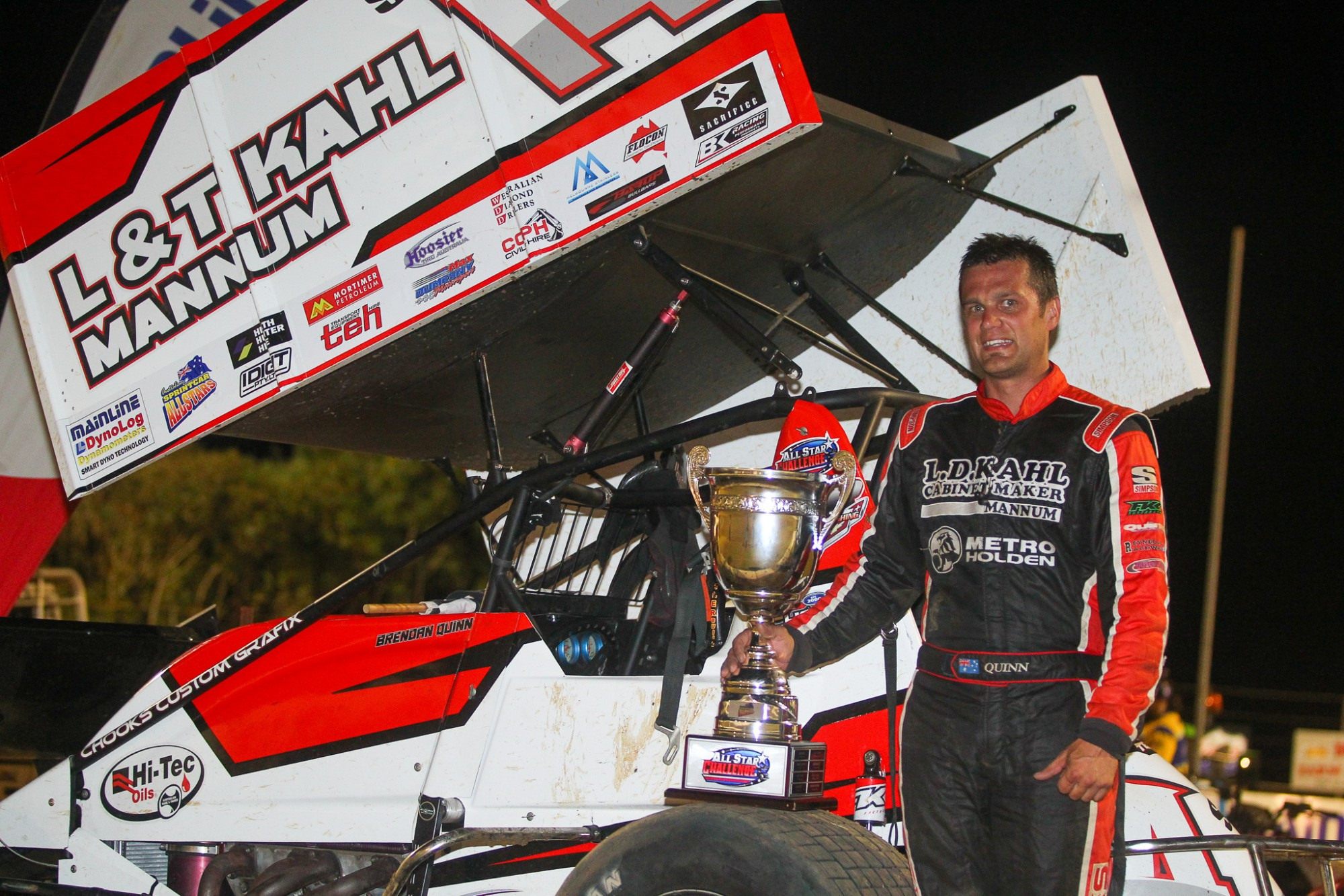 Triumphant: Adelaide’s Brendan Quinn took out the Dynamometers $15,000 Allstar Challenge at Simpson Speedway on Saturday night. Picture supplied by Geoff Rounds