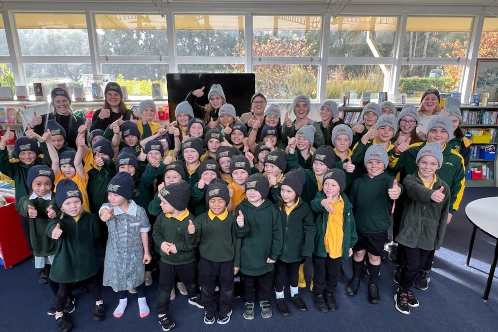 Locals supporting locals: Simpson Primary School students and staff will have warm heads going into term three thanks to a donation of beanies.