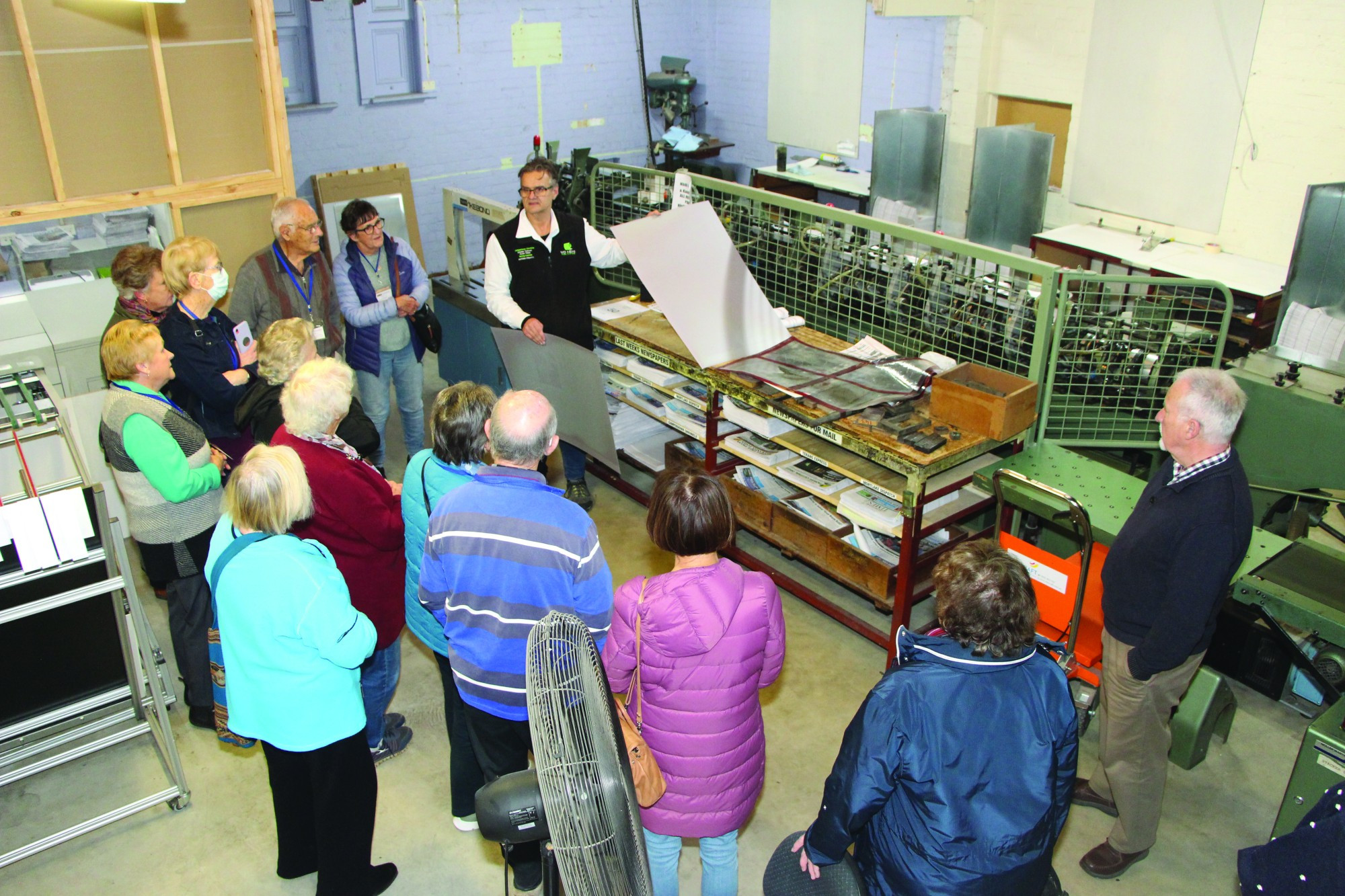 Meet the press: WD News managing editor Stewart Esh showed visiting members of Corangamite U3A the contrast between how newspapers are made, and how they once were.