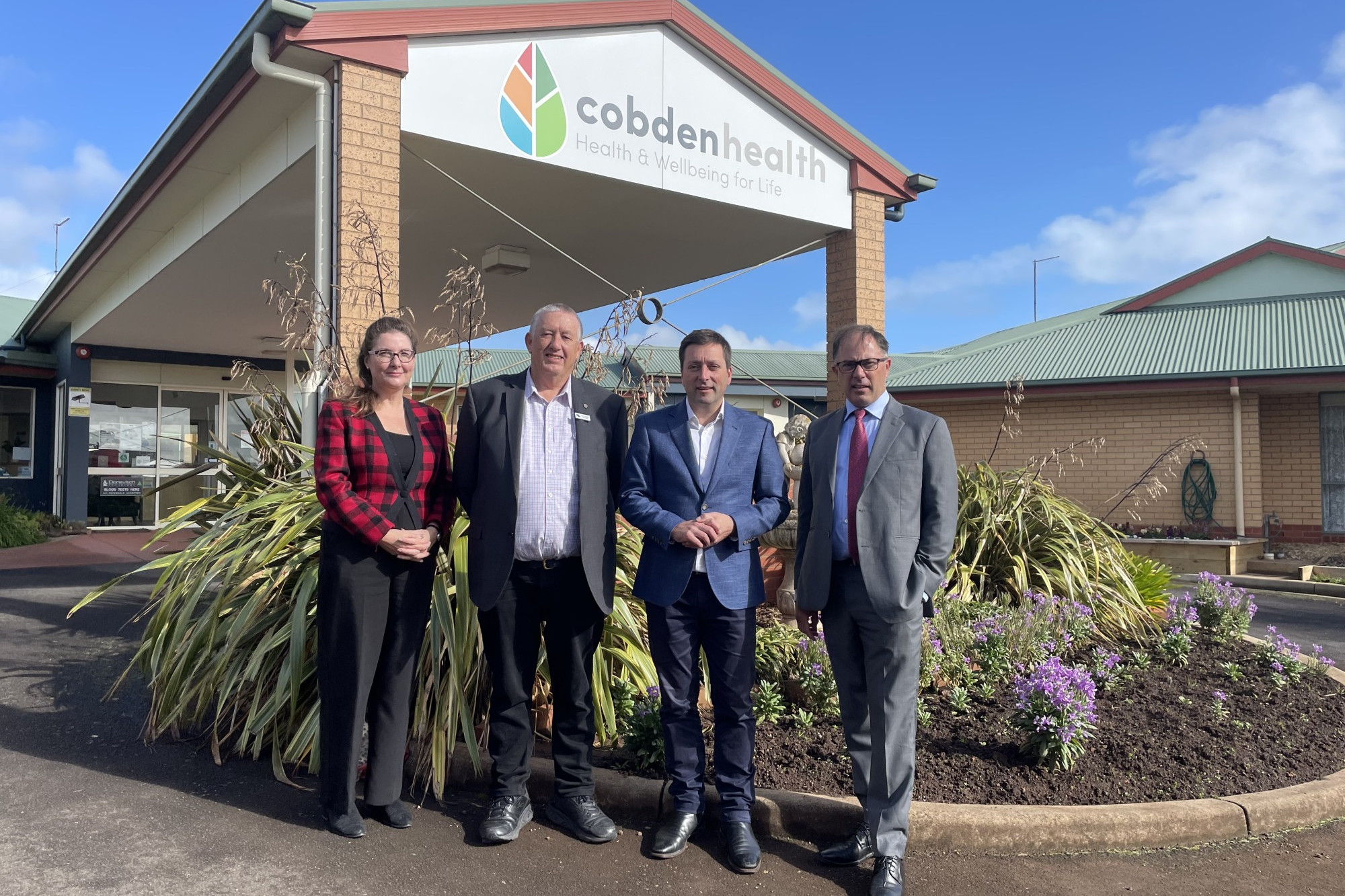 Funding: Leader of the opposition Matthew Guy (third) pledged $6.5 million in funding for Cobdenhealth if elected. Pictured with Cobdenhealth general manager Helin Paris, board chair Duncan Morris and Member for Polwarth Richard Riordan.