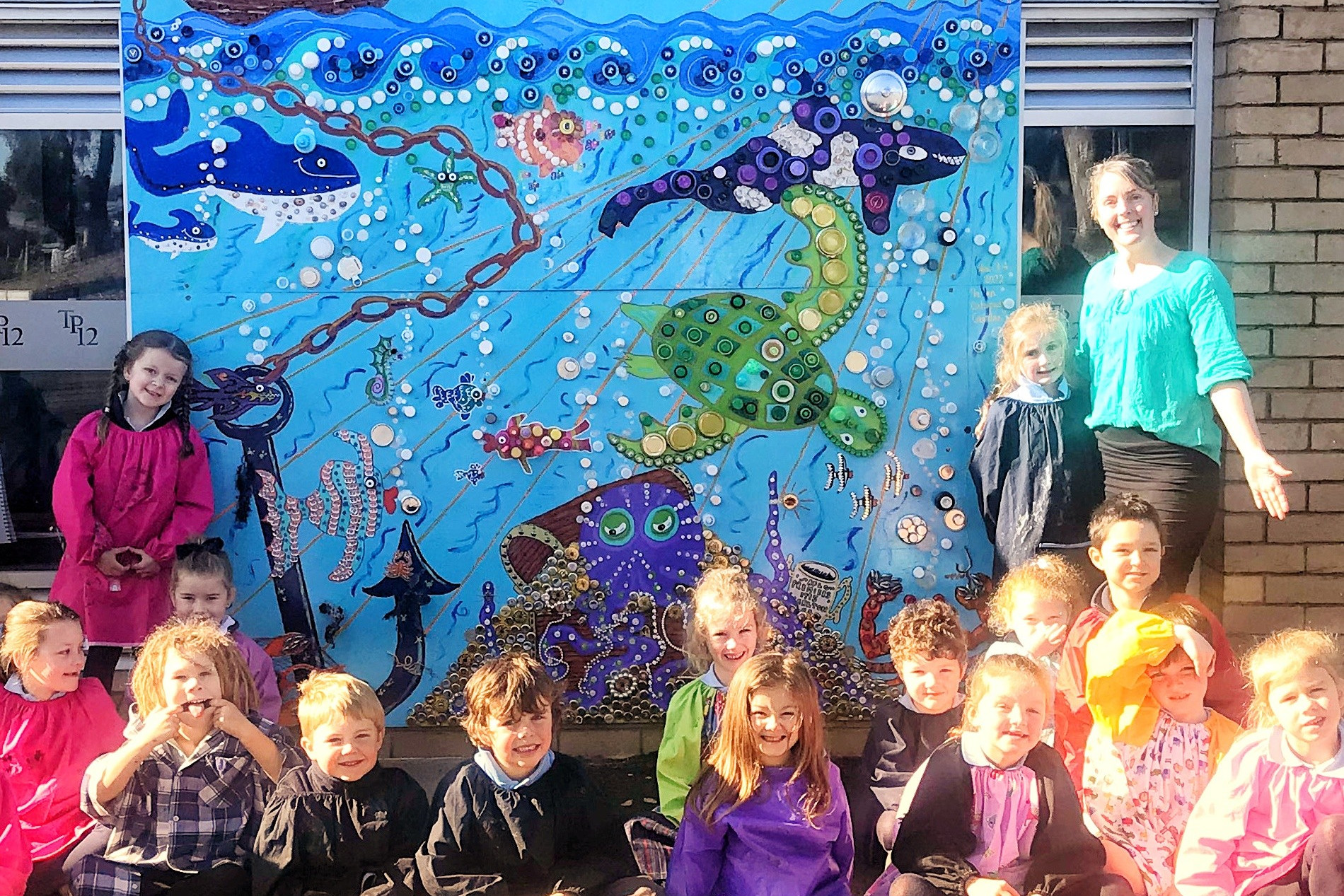Work of art: Timboon P-12 School students spent more than two years collecting bottle lids to be turned into a mural.