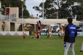 Oliver Darcy takes a brave mark running with the flight of the ball.