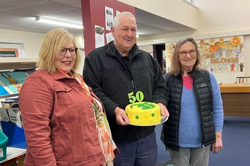 Sue Stevens, Brian Gleeson and Carol Fulford help celebrate 50 years since the official opening of the Simpson Primary School.