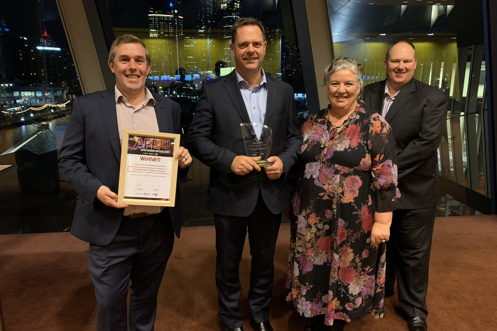 Tourism project: Corangamite Shire manager growth and development Rory Neeson, CEO Andrew Mason, director sustainable development Justine Linley and manager environment and emergency Lyall Bond accept the LGPro Community Partnerships Initiative Award.