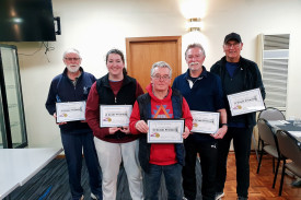 A grade premiers Poachers – Kelvin White (left), Ingrid Bellman, John Fallon, Graeme Downie and Brendan Crameri. Absent: Neville Elford. Unavailable: David Hallyburton. 