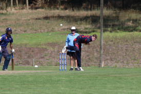 Heytesbury’s Bayley Thompson delivers the ball that claimed Isaac Wareham’s wicket. 